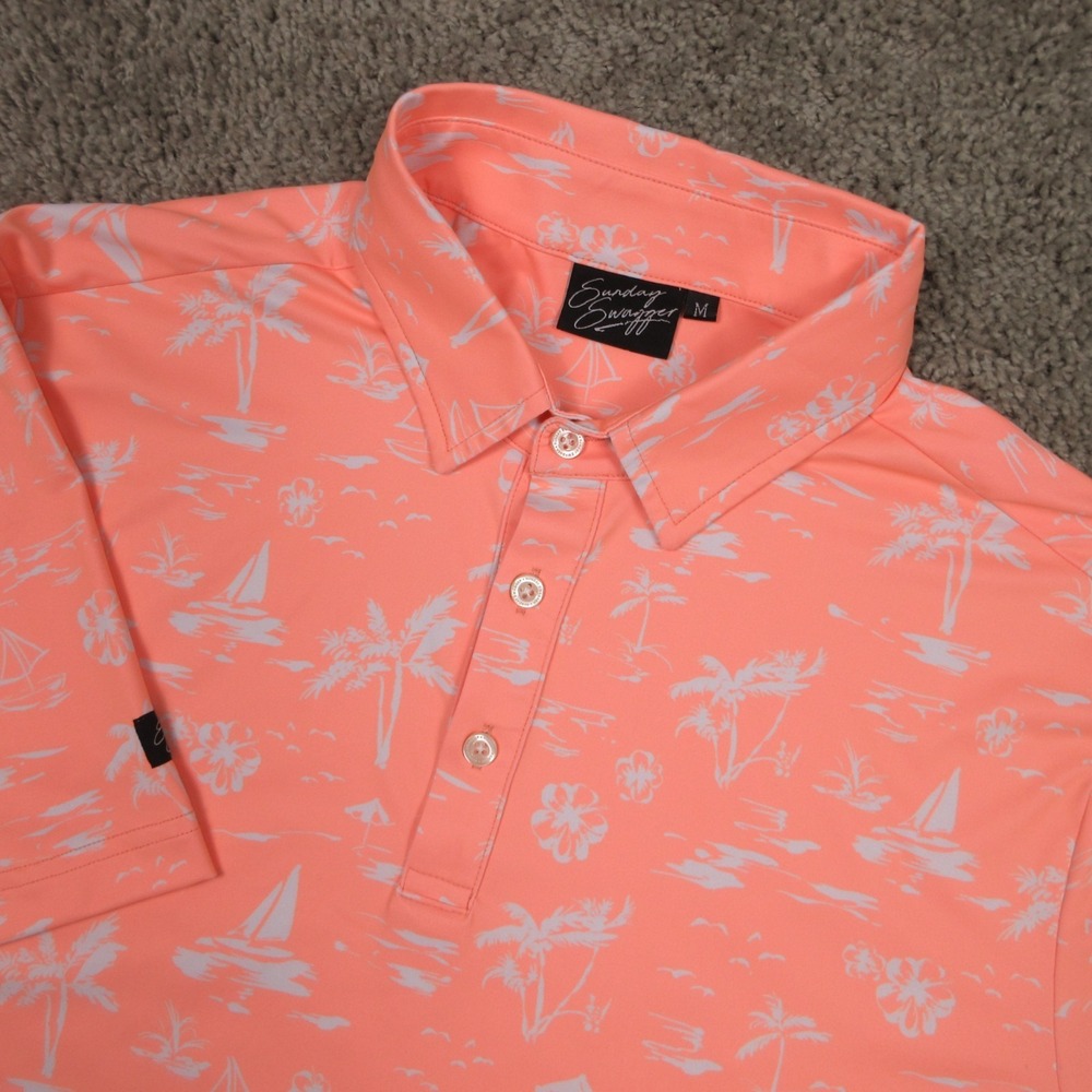 Sunday Swagger Polo Shirt Mens Medium Orange Geometric Tropical Summer Golf
